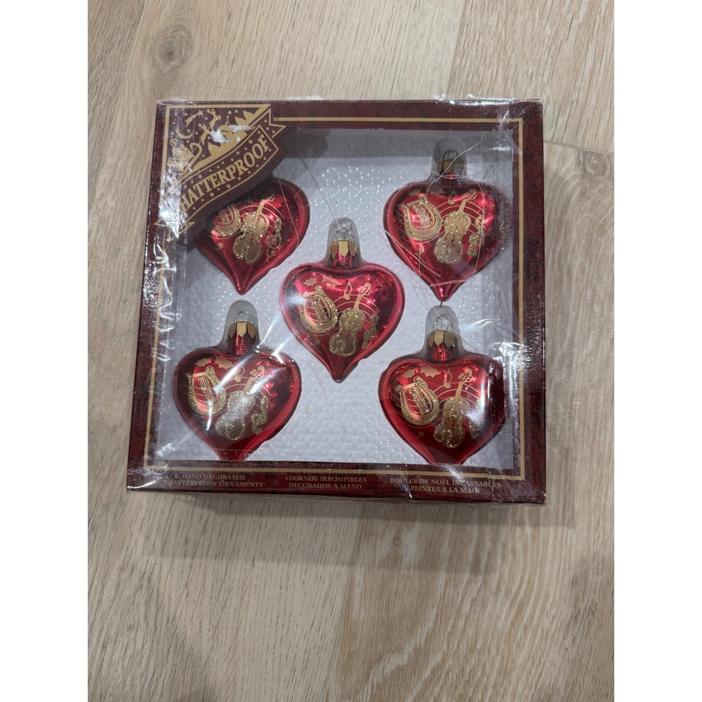 Vintage Navistar Red Heart Christmas Ornaments Set 5 Gold Musical Instruments